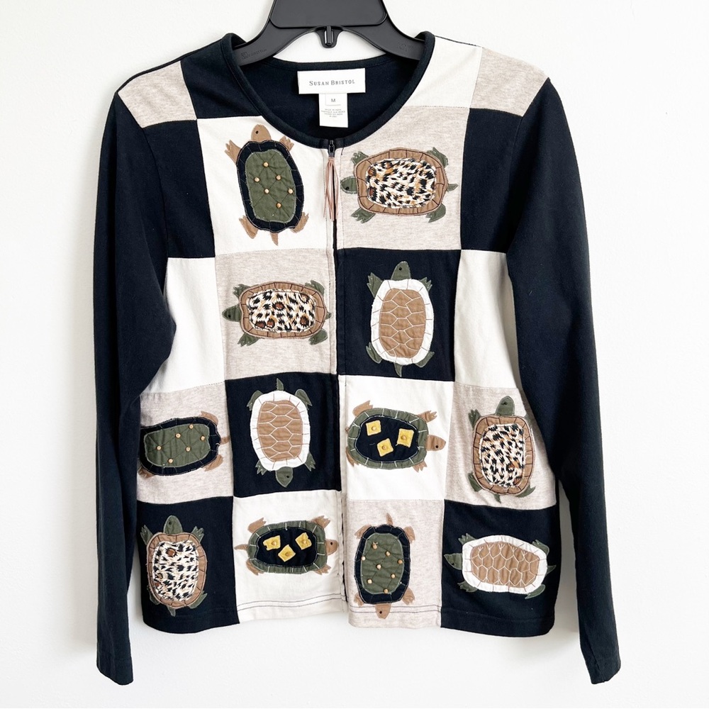 Susan Bristol Embroidered Turtle Cardigan Zip Front Sweatshirt Jacket Top Medium